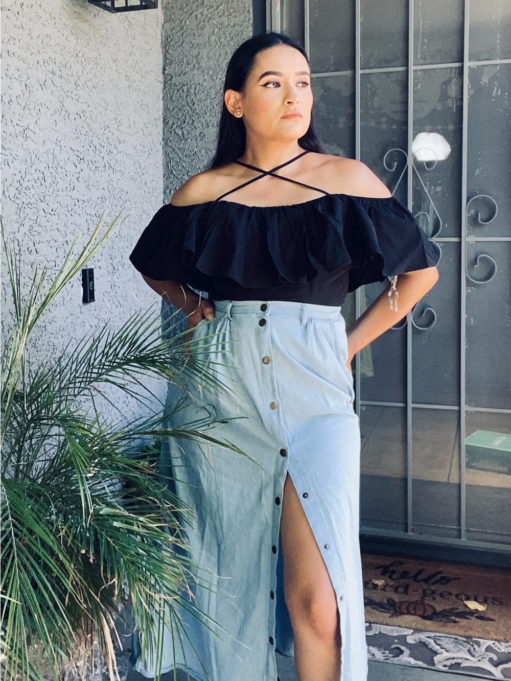 Button-Front Light Blue Maxi Skirt with Front Slit
